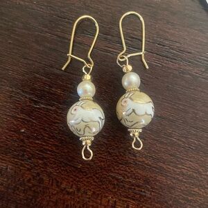 vintage cloisonné and pearl earrings on gold findings